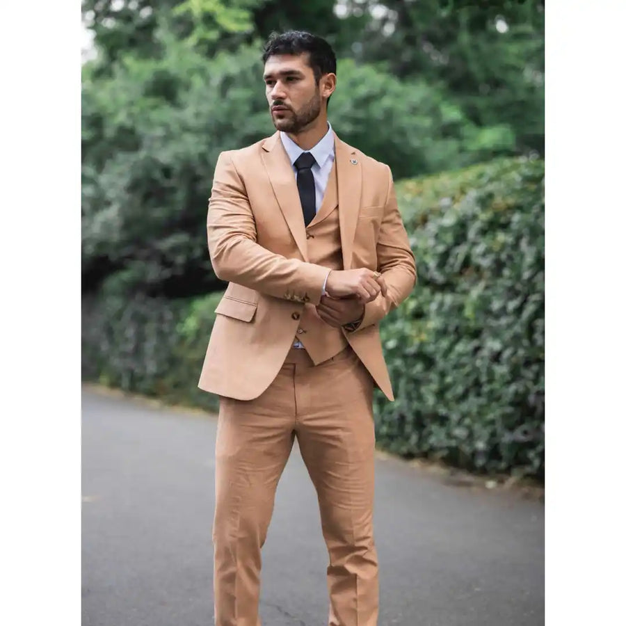 Men's Camel 3 Piece Linen Summer Wedding Suit