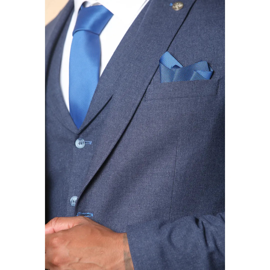 Men's Navy 3 Piece Linen Summer Wedding Suit