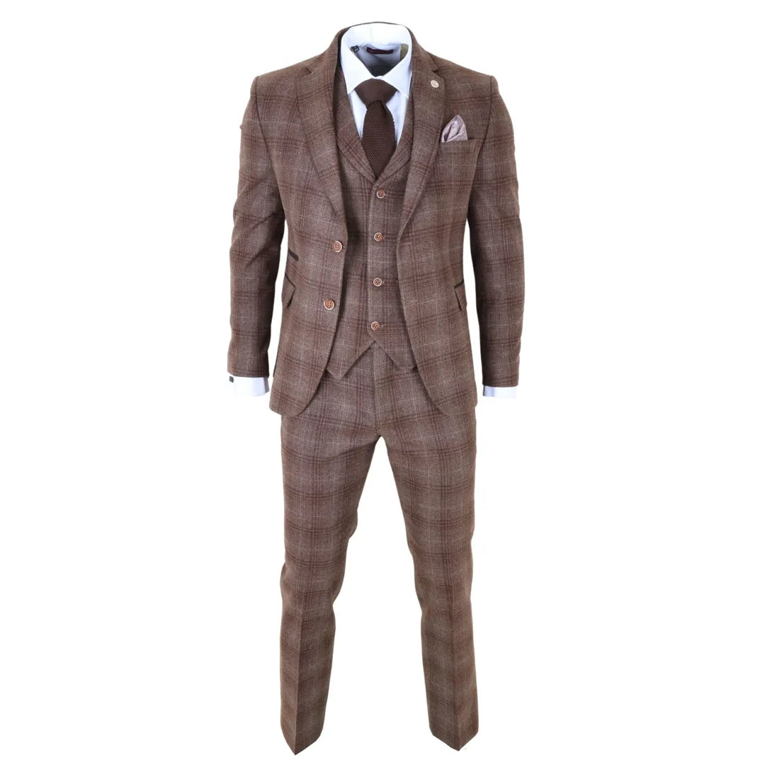 Men's Brown Tweed Check 3 Piece Suit by TruClothing