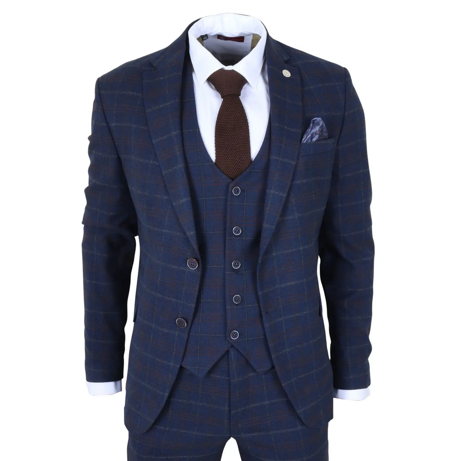Men's 3 Piece Navy Plaid Check Tailored Fit Suit by TruClothing