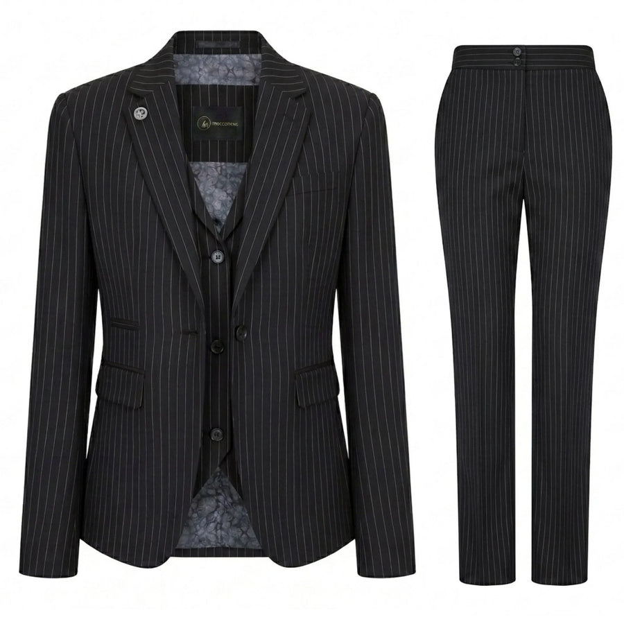 Women's 3 Piece Black Pinstripe Tailored Suit by TruClothing