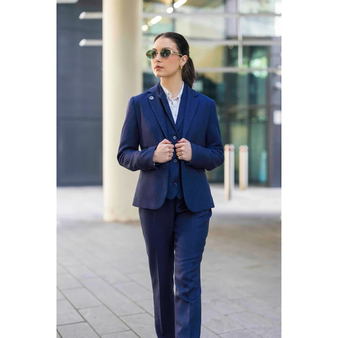 Women's Navy 3 Piece Herringbone Tweed Suit