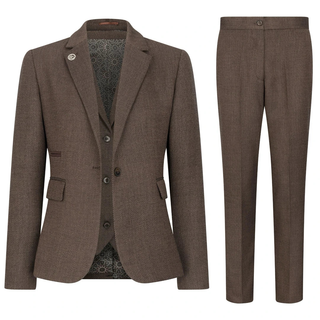 Women's Brown 3 Piece Herringbone Tweed Suit