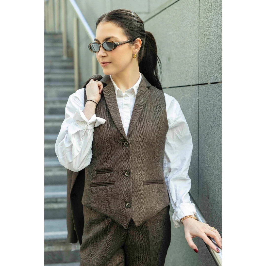 Women's Brown 3 Piece Herringbone Tweed Suit