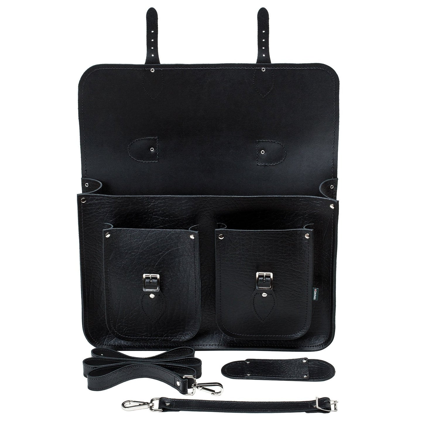 Twin Pocket Executive Handmade Leather Satchel - Black - Bascora