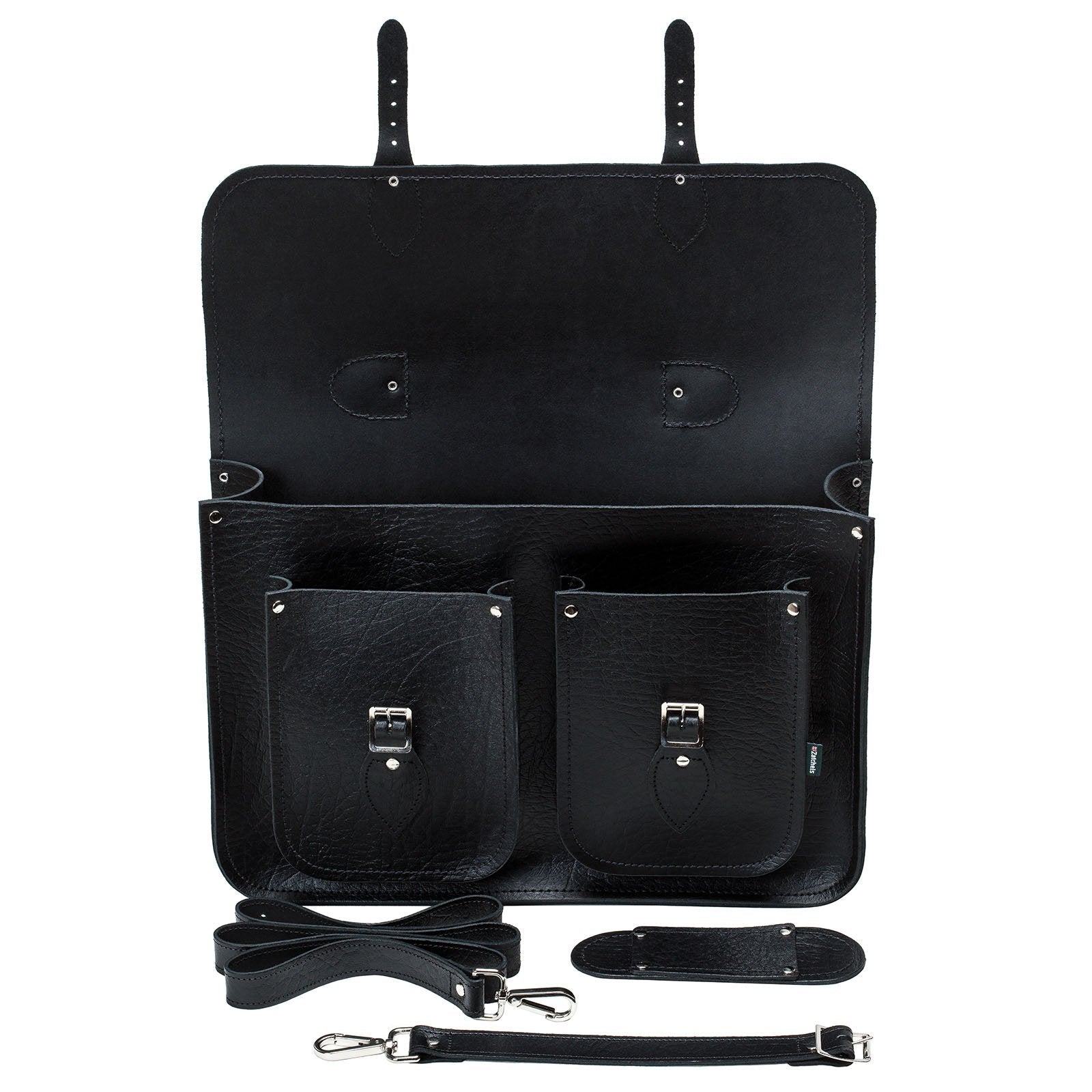 Twin Pocket Executive Handmade Leather Satchel - Black - Bascora