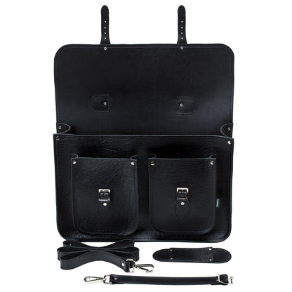Twin Pocket Executive Handmade Leather Satchel - Black - Bascora