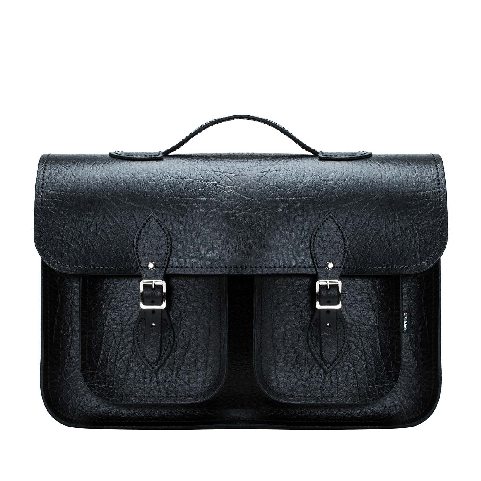 Twin Pocket Executive Handmade Leather Satchel - Black - Bascora