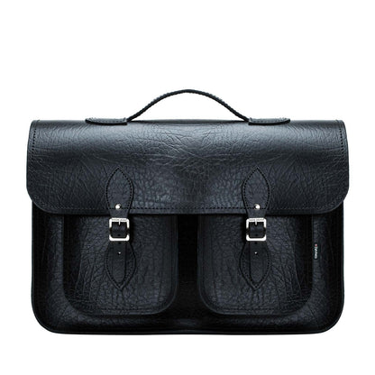 Twin Pocket Executive Handmade Leather Satchel - Black - Bascora