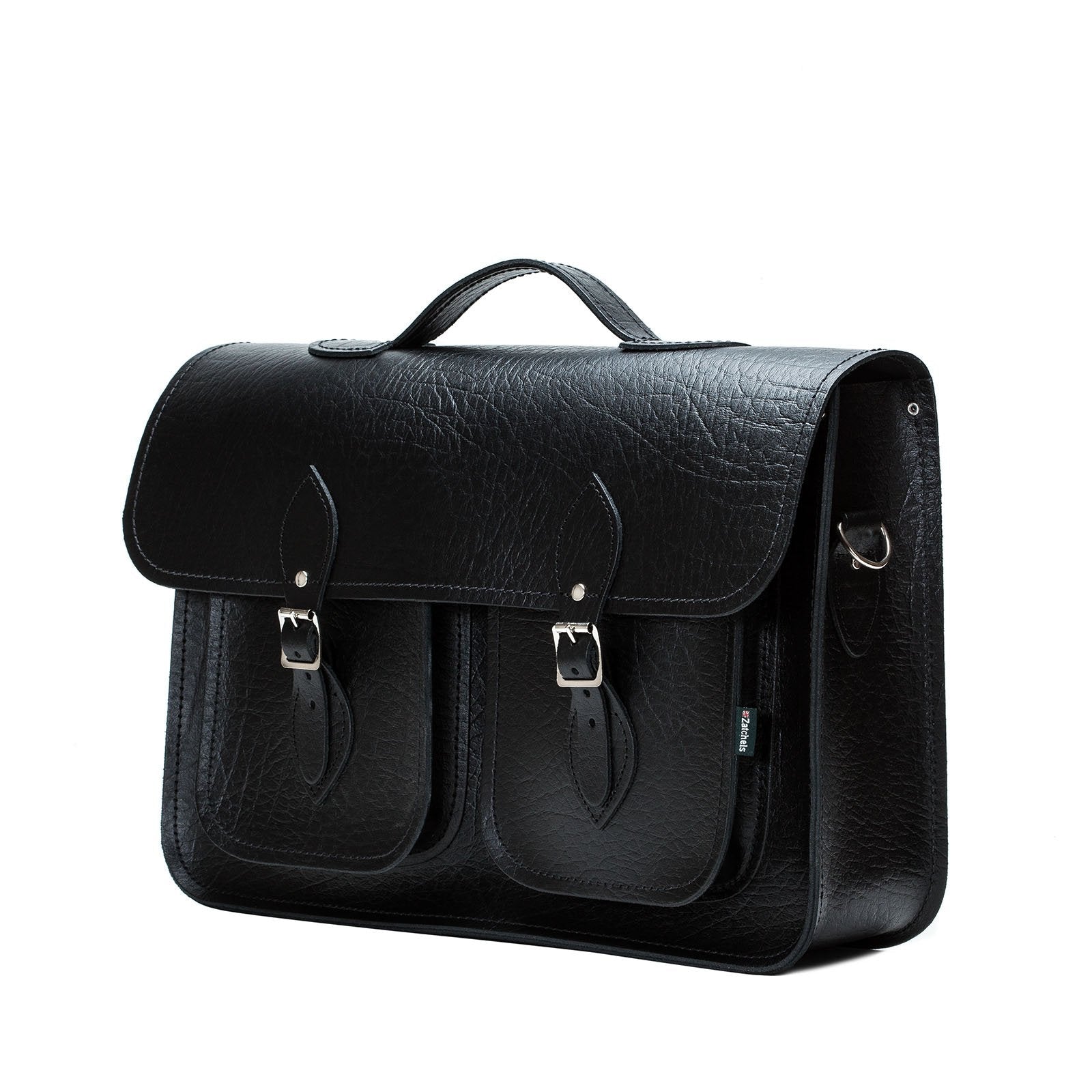Twin Pocket Executive Handmade Leather Satchel - Black - Bascora
