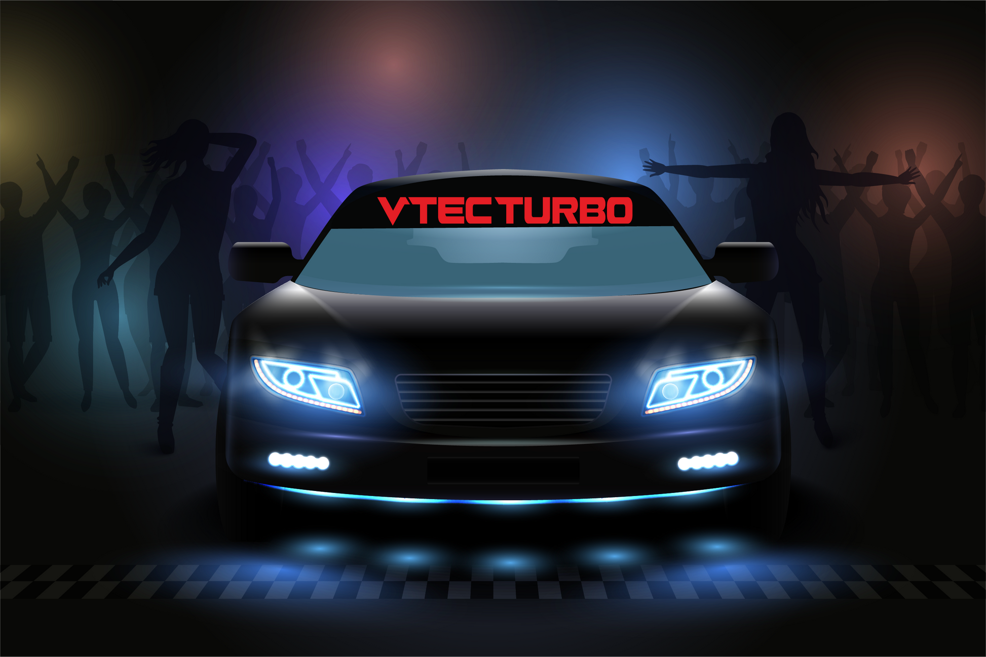 Black car with 'VtecTurbo' branding on a dark background with silhouettes of people.