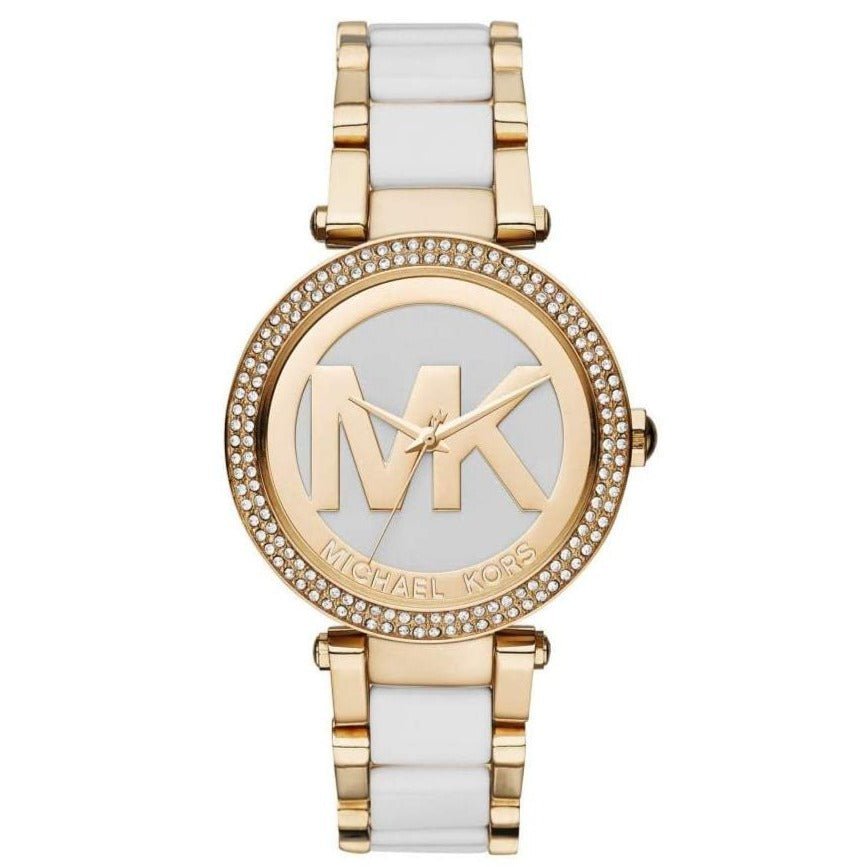Gold and white watch with Michael Kors logo on a white background