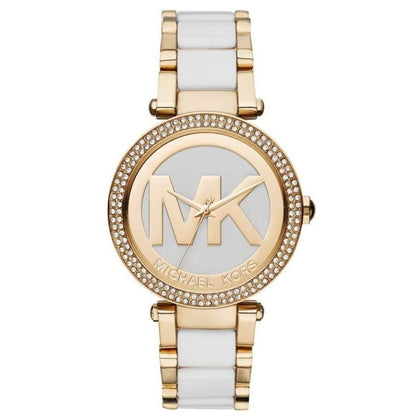 Gold and white watch with Michael Kors logo on a white background