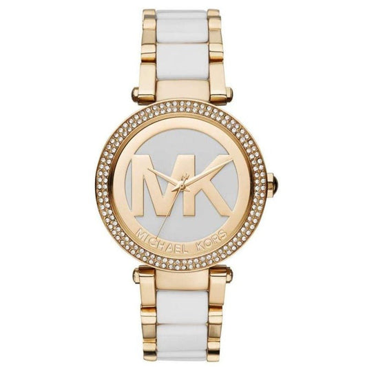 Gold and white watch with Michael Kors logo on a white background