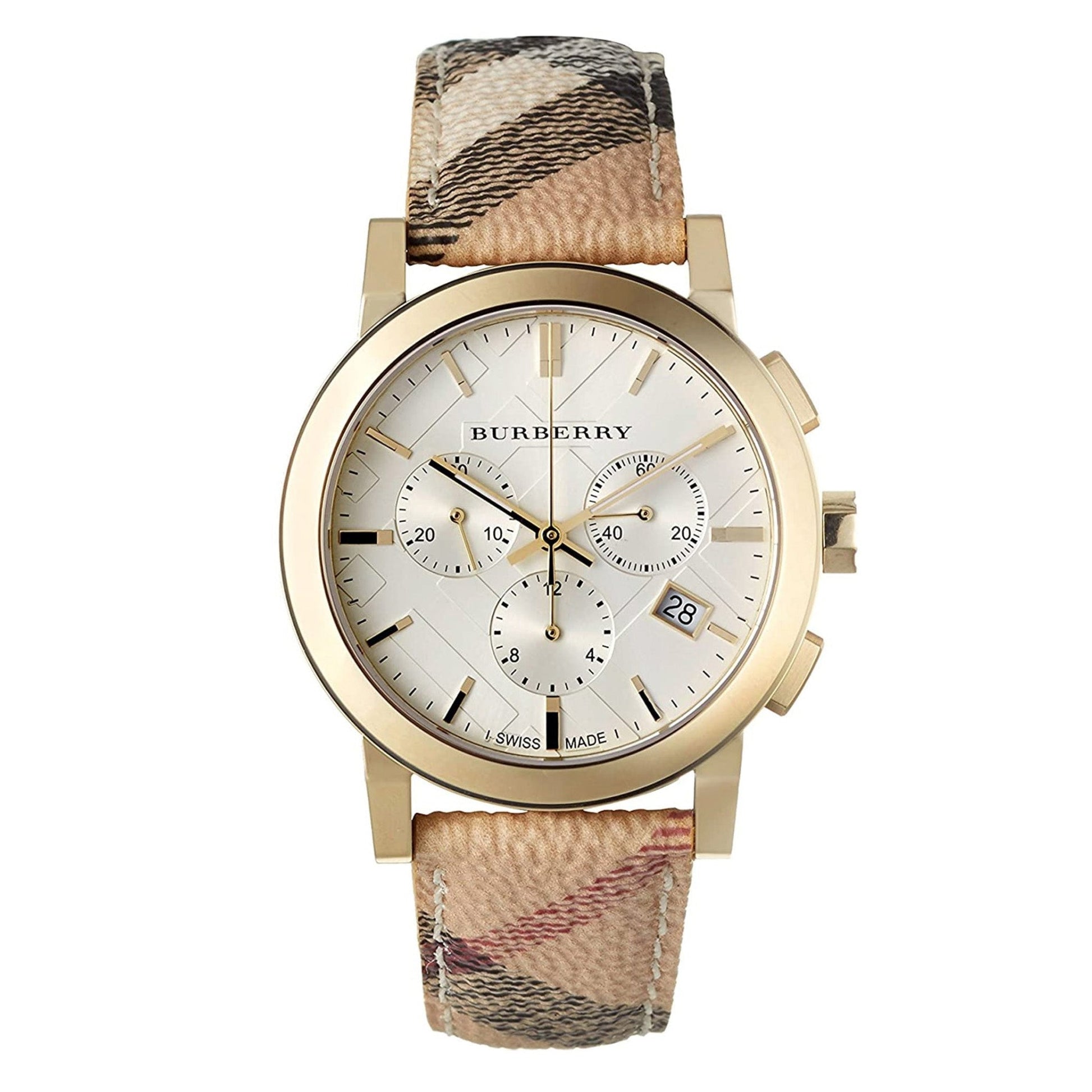 Burberry watch with gold case and checkered strap on a white background