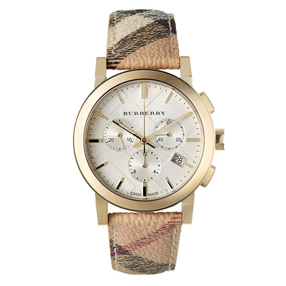 Burberry watch with gold case and checkered strap on a white background