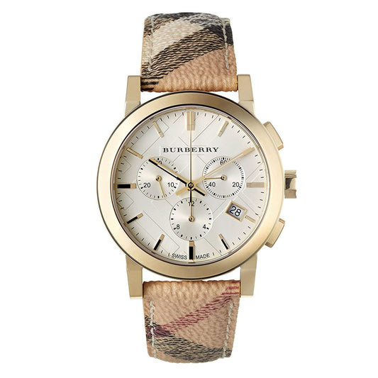 Burberry watch with gold case and checkered strap on a white background