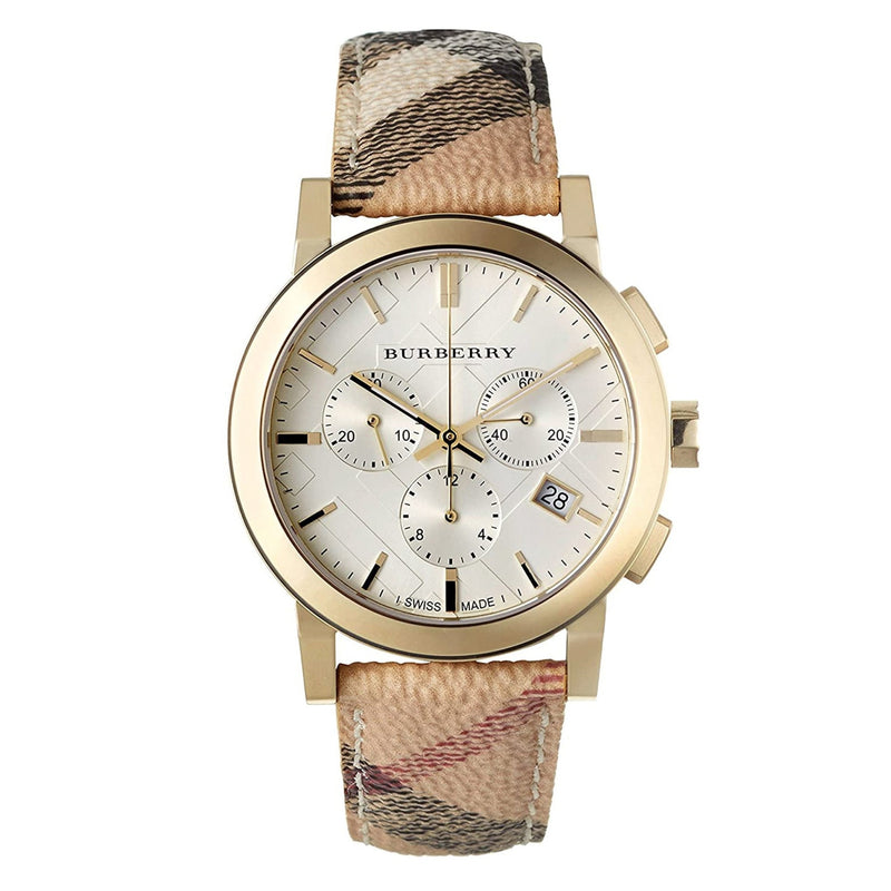 Burberry watch with gold case and checkered strap on a white background