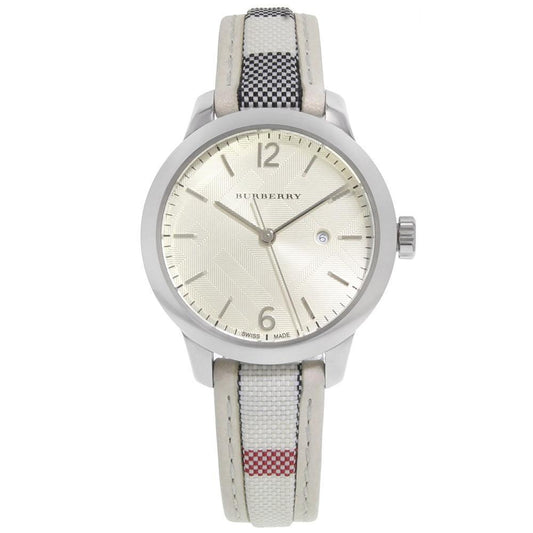 Burberry watch with a white face and patterned strap on a white background