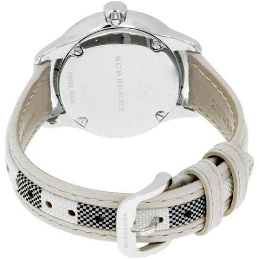 Burberry watch with a white strap and silver case on a white background