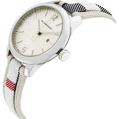 Burberry watch with a white strap featuring a red heart on a white background