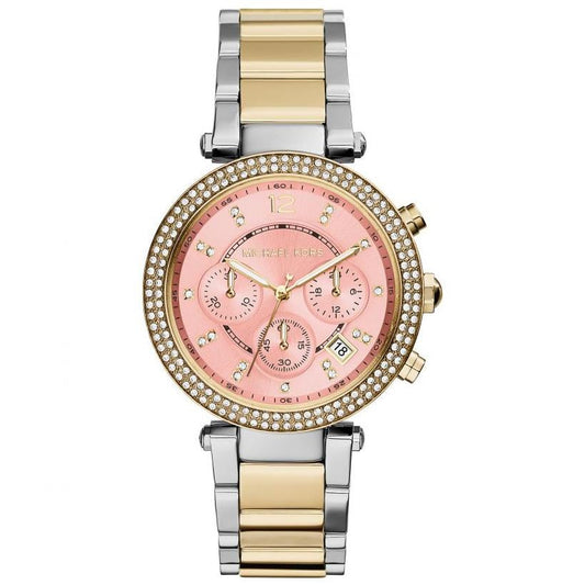 Two-tone watch with a pink face on a white background