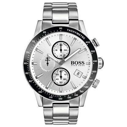 Silver Hugo Boss watch with a white face on a white background