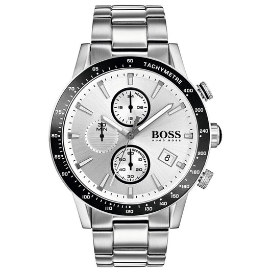 Silver Hugo Boss watch with a white face on a white background