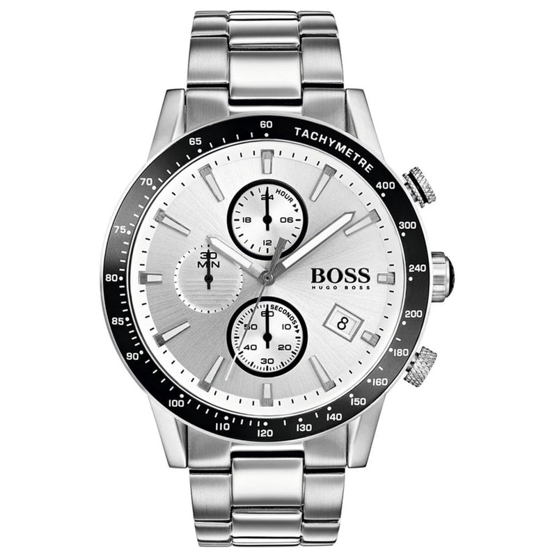 Silver Hugo Boss watch with a white face on a white background
