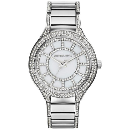 Silver watch with gemstone accents on a white background
