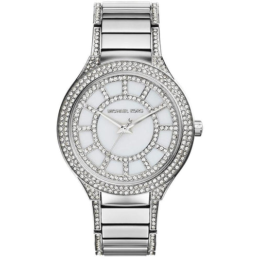 Silver watch with gemstone accents on a white background