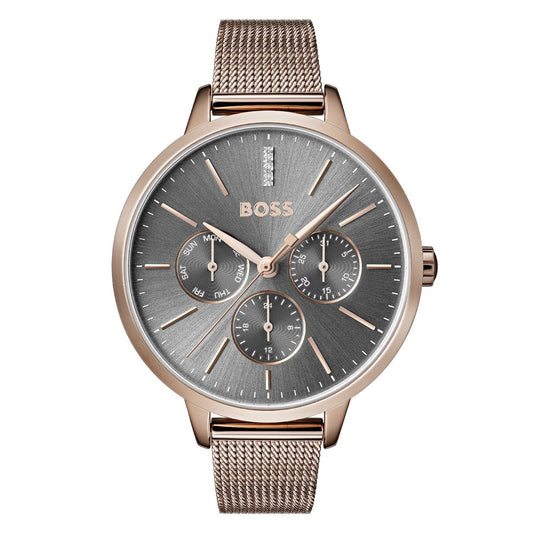 BOSS watch with rose gold mesh strap and gray dial on a white background