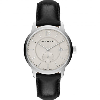 Burberry watch with black leather strap and silver case on a white background