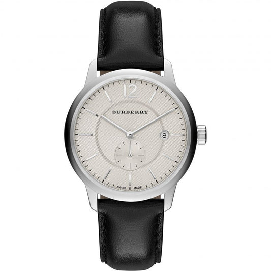 Burberry watch with black leather strap and silver case on a white background