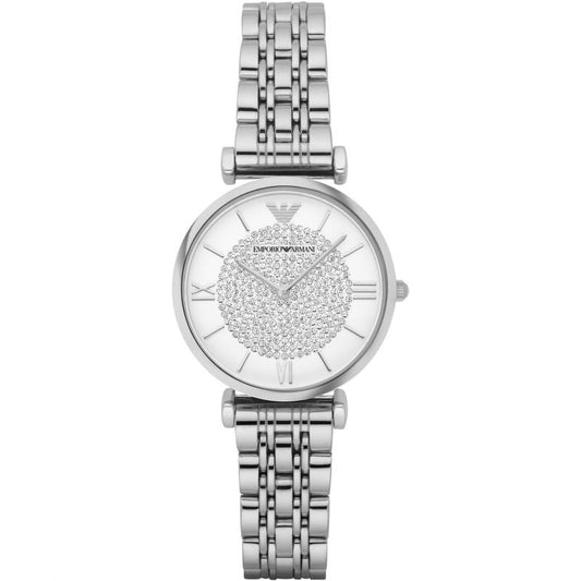 Silver watch with detailed face on a white background
