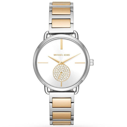 Two-tone watch with gold and silver band on a white background