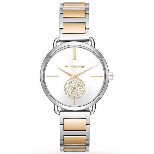 Two-tone watch with gold and silver band on a white background
