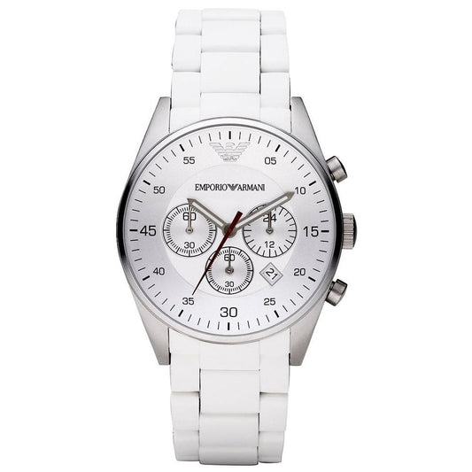 White Emporio Armani watch with a detailed face on a white background