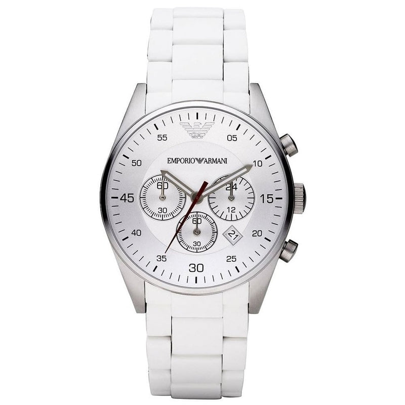 White Emporio Armani watch with a detailed face on a white background