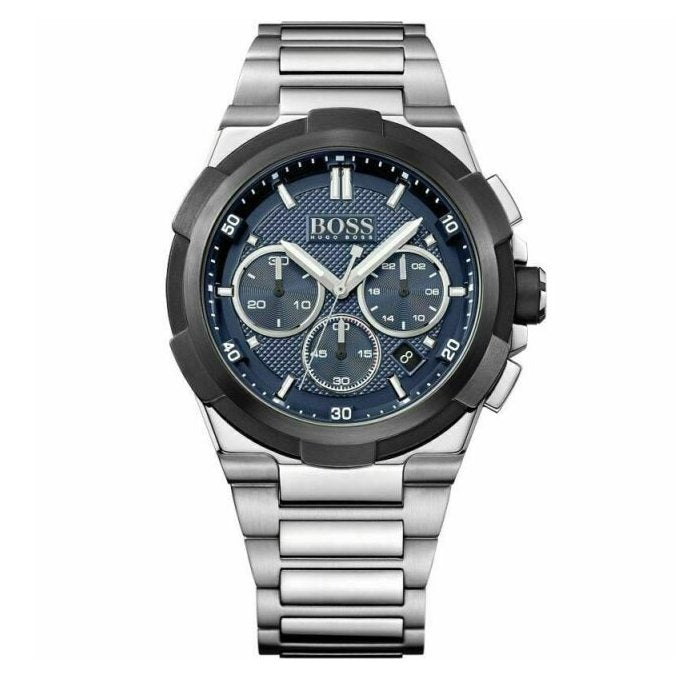 Silver watch with blue face on a white background