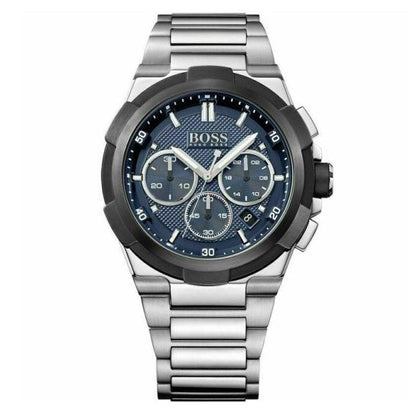 Silver watch with blue face on a white background