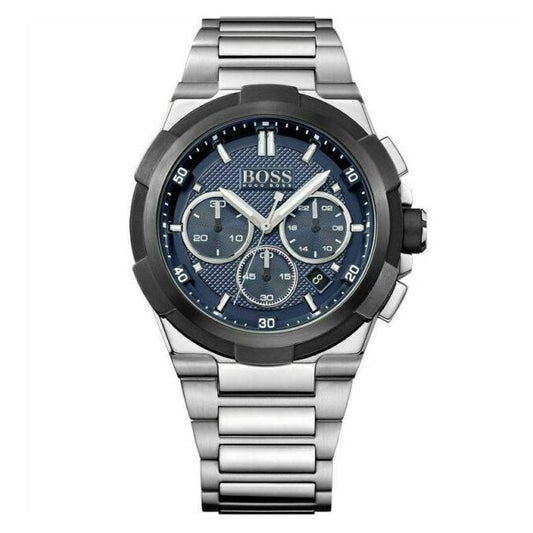 Silver watch with blue face on a white background