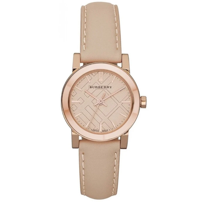 Burberry watch with beige strap and rose gold case on a white background