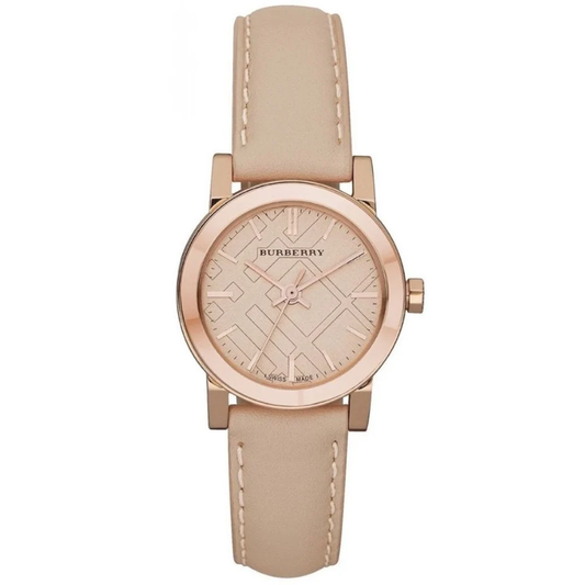 Burberry watch with beige strap and rose gold case on a white background
