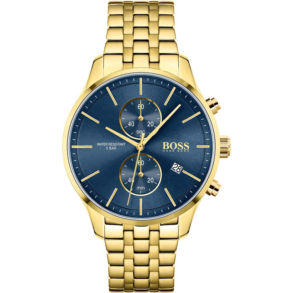 Gold watch with a blue dial on a white background