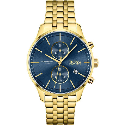 Gold watch with a blue dial on a white background