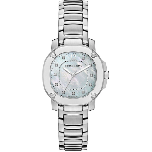 Silver Burberry watch with a white face on a white background