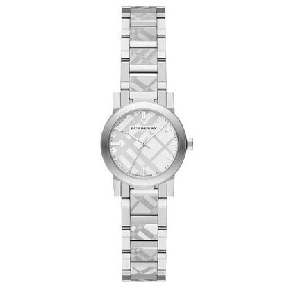 Silver Burberry watch with a checkered pattern on a white background