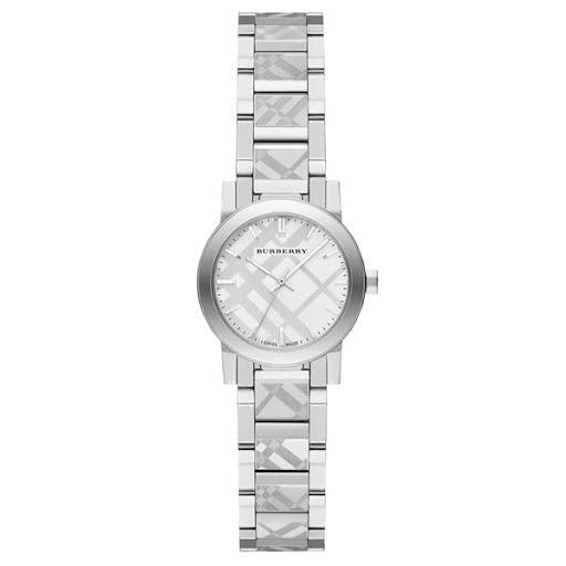 Silver Burberry watch with a checkered pattern on a white background