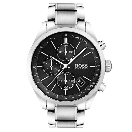 Silver watch with black dial on a white background